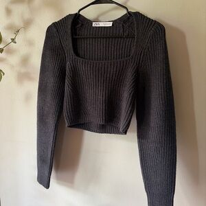 Zara Black Ribbed Square-Neck Cropped Knit